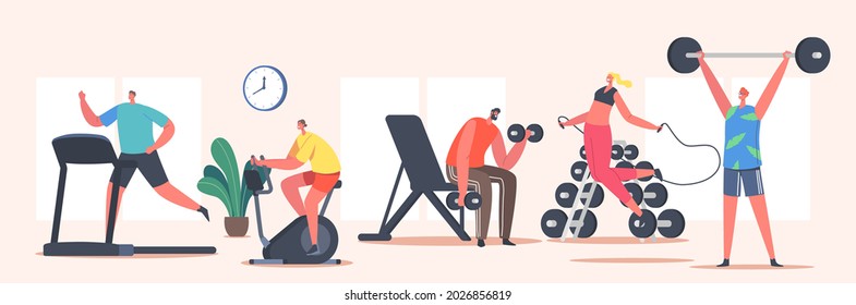 People Training in Gym. Sportsmen and Sportswomen Characters Run on Treadmill, Riding Bicycle, Workout with Barbell and Dumbbells, Jumping with Jump Rope, Sport Life. Cartoon Vector Illustration