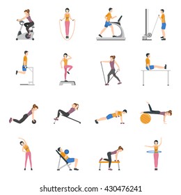 People training at gym and using different sports equipment flat icons set isolated vector illustration