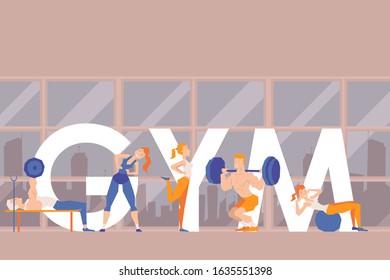 People training in gym, vector illustration. Fitness club promotional poster, exercising men and women cartoon characters. Working out in gym, sport center for active people, healthy lifestyle fitness