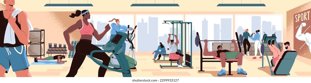 People training in gym. Workout, physical exercises in sport, fitness club with treadmill machines, equipment, panoramic view. Body building and weight lifting activities. Flat vector illustration