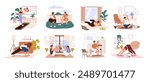 People training at home set. Active men and women do fitness, workout, stretch indoor. Couple practices yoga, friends do sport exercises together. Flat isolated vector illustration on white background