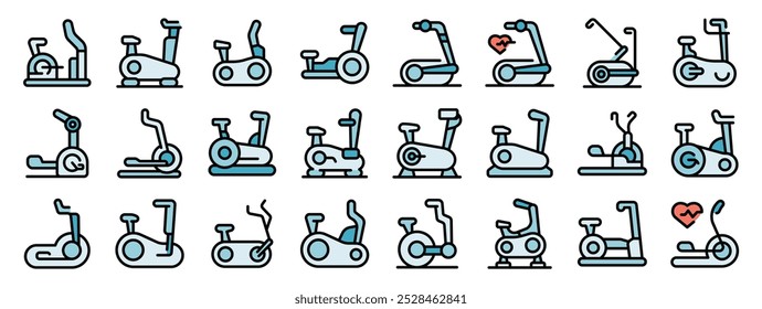 People training on stationary bicycle icons set. Outline set of people training on stationary bicycle vector icons for web design isolated on white background