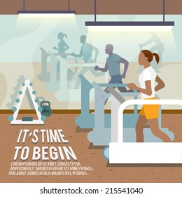 People training on treadmills in gymnasium fitness lifestyle time to begin poster vector illustration