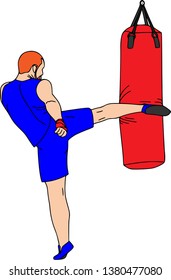 People training, physical workout exercise. Young human coach, sports equipments, vector characters isolated. Kickboxer