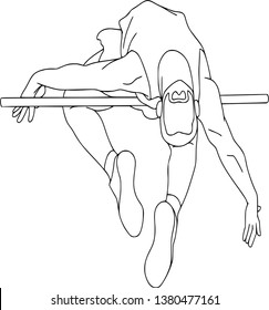 People training, physical workout exercise. High jump athlete, hand drawing. Illustration of male athlete high jump. Vector characters isolated, flat style, contour pattern