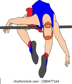 People training, physical workout exercise. High jump athlete, hand drawing. Illustration of male athlete high jump. Vector characters isolated, flat style