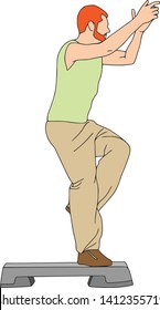 People training, physical workout exercises gym, stepper exrcises. Sports equipments, vector characters isolated, contour pattern, colored, eco colors