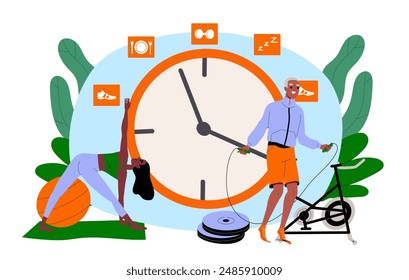 People with training schedule. Man jumps on skipping rope and woman does yoga against background of clock. Active lifestyle and sports. Fitness and workout. Cartoon vector illustration