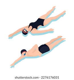 Formación de personas en la piscina Ilustración vectorial isométrica 3d