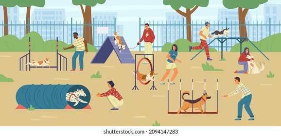 People training their dogs on agility field flat vector illustration. Different people with different dogs on playground. svg