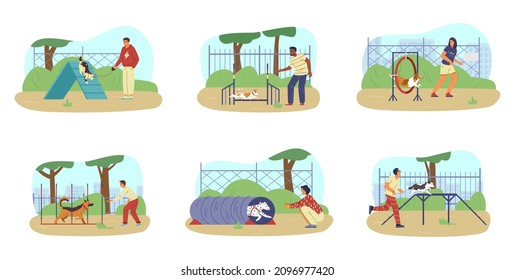 People training their dogs on agility field flat vector set. Pet owners with pets on playground.