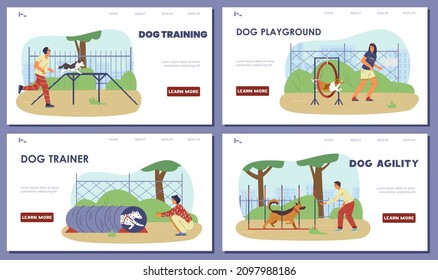 People training their dogs on agility field vector set of landing page templates. 