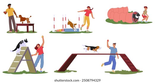 People Training Their Dogs On An Outdoor Agility Course. Vector Image Shows Activities Such As Jumping, Balance Beam, Obstacle Navigation, Depicting Teamwork, Training, And Outdoor Exercise With Pets