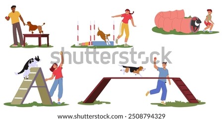 People Training Their Dogs On An Outdoor Agility Course. Vector Image Shows Activities Such As Jumping, Balance Beam, Obstacle Navigation, Depicting Teamwork, Training, And Outdoor Exercise With Pets