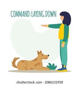 People training their pet dog set. The pet executes the command to lie down. The training process. Editable vector illustration