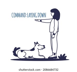 People training their pet dog set. The pet executes the command to lie down. The training process. A simple icon, symbol, sign. Editable vector illustration isolated