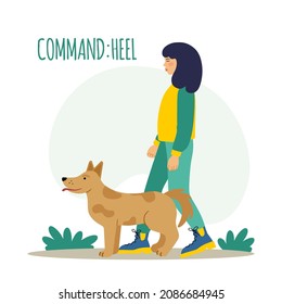 People training their pet dog set. The pet executes the command to lie down. The training process. Editable vector illustration Editable vector illustration