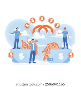 People transfer money online. Big wallet filled with money. Financial transactions concept. Flat vector illustration.