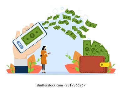 People transfer money from smartphone to wallet. send and receive money wirelessly with a cell phone. Hand holding smart phone with dollar bills. Flat vector illustration isolated on white background.
