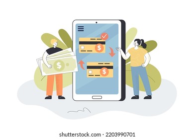 People transferring money online flat vector illustration. Man sending or receiving money using mobile app. Banking, finance concept for banner, website design or landing web page