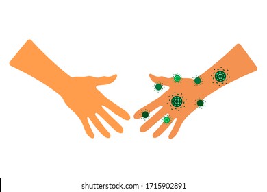 People transmit coronavirus through a handshake. Mankind men women children grandparents are infected with the covid-19. Precautions must be observed. Corona virus vector flat cartoon illustration.