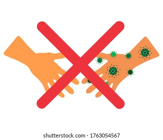 People transmit coronavirus through a handshake. Mankind, men, women, children are infected with the covid-19. Ban on greeting and close contact corona virus. Vector flat cartoon illustration.