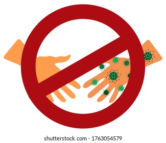 People transmit coronavirus through a handshake. Mankind, men, women, children are infected with the covid-19. Ban on greeting and close contact corona virus. Vector flat cartoon illustration.