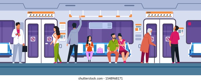 People in transport. Cartoon characters sitting and standing in city train. Vector illustrations male and female characters stand and seated in interior public tube transport