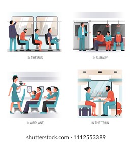 People in transport flat concept design with  with airplane subway train city bus passengers isolated vector illustration 