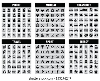 people, transport, medical, travel, sport and energy icons