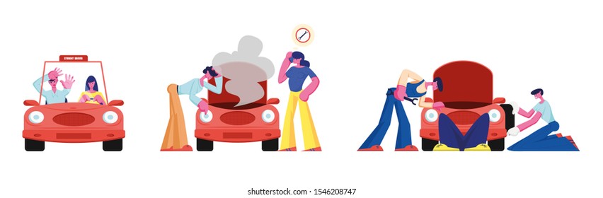 People and Transport Set Isolated on White Background. Student Pass Driving Exam to Trainer, Worker Repair Broken Car, People Looking under Hood with Smoke Cartoon Flat Vector Illustration, Clip Art