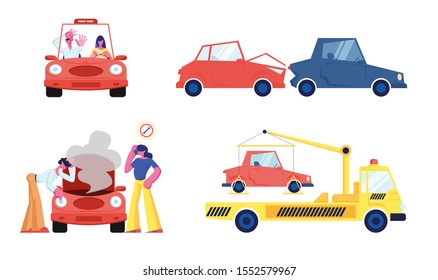 People and Transport Set Isolated on White Background. Student Pass Driving Exam to Trainer. Broken Car Accident People Looking under Hood, Tow Truck. Cartoon Flat Vector Illustration, Clip Art