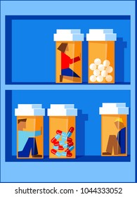 people trapped inside pill bottles on a bottle shelf, prescription drug abuse concept