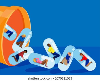 people trapped inside pill capsules that are being emptied from a pill bottle - prescription drug addiction concept