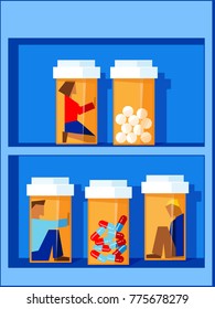 People Trapped In Pill Bottles Sitting On A Shelf - An Opioid Addiction Concept Illustration