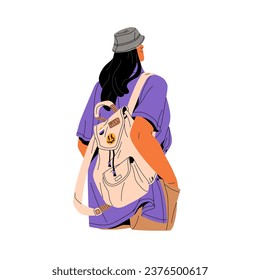 People travel with backpack, lgbt patches. Tourist in panama, bucket hat with bag standing back view. Young woman in summer outfit walking. Flat isolated vector illustration on white background