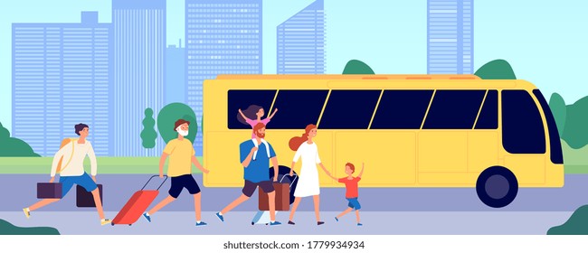 People travel bus. Public transport station, crowd running with suitcases. Tourists group transportation, travel service vector illustration
