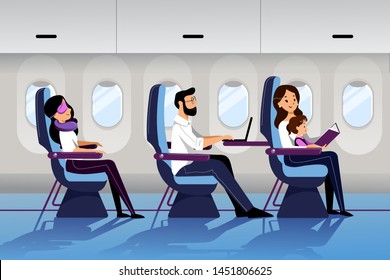 People Travel By Airplane In Economy Class. Vector Flat Cartoon Illustration. Young Mother Travel With Infant Baby. Plane Interior With Sleeping And Working Passengers.