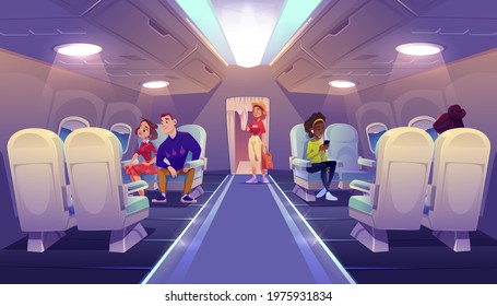 People travel by airplane. Passengers sitting at comfortable seats of first class area relaxing, listen music, look in window. Men and women in plane board, airline flight, Cartoon vector illustration