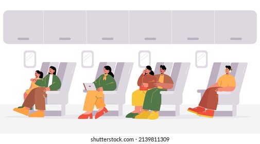 People travel by airplane. Passengers sit at comfortable seats of economy class relaxing, listen music, work on laptop, sleep. Men, women, kids air flight at plane board, Line art vector illustration