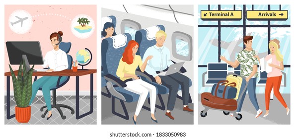 People travel by airplane vector illustration. Man and woman waiting for a flight in the airport terminal. Passengers use laptop and internet onboard. Travel company operator books ticket by phone