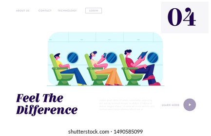 People Travel by Airplane Website Landing Page. Passenger Characters Sitting on Plane Board Relaxing, Listen Music Reading Book. Airline Transportation Web Page Banner Cartoon Flat Vector Illustration