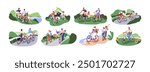 People travel by bike set. Friend have fun, ride bicycle at nature together. Happy family, kids cycling outdoors. Bicyclists drive in park. Flat isolated vector illustrations on white background.