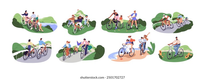 People travel by bike set. Friend have fun, ride bicycle at nature together. Happy family, kids cycling outdoors. Bicyclists drive in park. Flat isolated vector illustrations on white background.