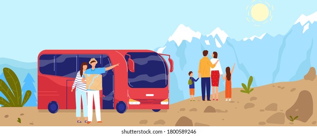 People travel by bus, mountain adventure vector illustration. Cartoon flat family tourist characters traveling, enjoying nature mountainous landscape on bus trip, scene of outdoor tourism background