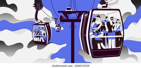 People travel by cableway, standing inside cable cars, carriages. Tourists suspended in glass cabins, cablecars of ropeway. Aerial rope way transport at height in sky. Flat vector illustration