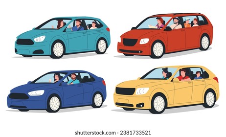 People travel by car. Road trip of happy cheerful people. Car trip with family and friends. Vector illustration