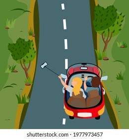 People travel by car and take selfies along the way. Travel concept by car. Active rest on your own transport among the green nature. Flat cartoon style.Leave.