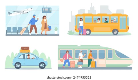 Las Personas viajan por diferentes modos de transporte. Viajar en avión, tren, autobús y coche. Conjunto de caracteres turísticos. Ilustraciones vectoriales de concepto de vocación de verano aisladas sobre fondo blanco.