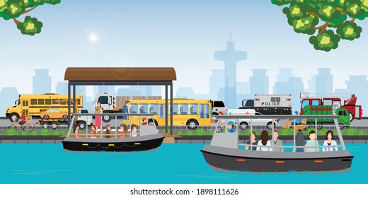 La gente viaja en bote público para evitar el tráfico pesado durante las horas punta, la ilustración del vector del transporte.